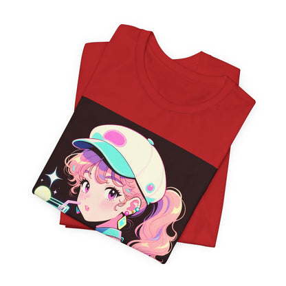 Retro Girl and Cat T Shirt Vaporwave Pastel Anime Shoujo Graphic Tee Neon Cocktail Aesthetic Kawaii Gift for Daughter or Dad Casual Streetwear