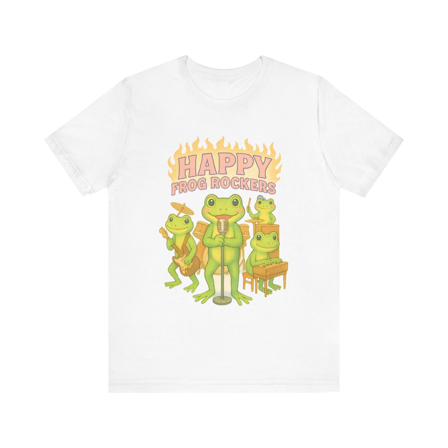 Happy Frog Rockers Album Cover Tee Cute Frog Band Shirt Vocal Guitar Piano Drums Pastel Art Gift for Music Lovers
