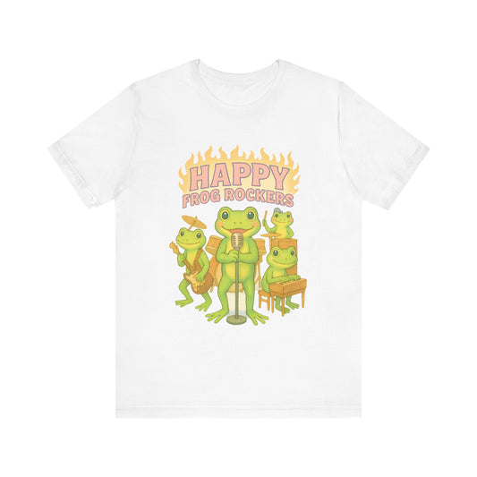 Happy Frog Rockers Album Cover Tee Cute Frog Band Shirt Vocal Guitar Piano Drums Pastel Art Gift for Music Lovers