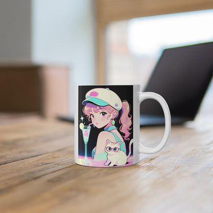 Retro Girl and Cat Mug Vaporwave Pastel Anime Shoujo Coffee Cup Neon Cocktail Aesthetic Kawaii Gift for Daughter or Dad Office Desk
