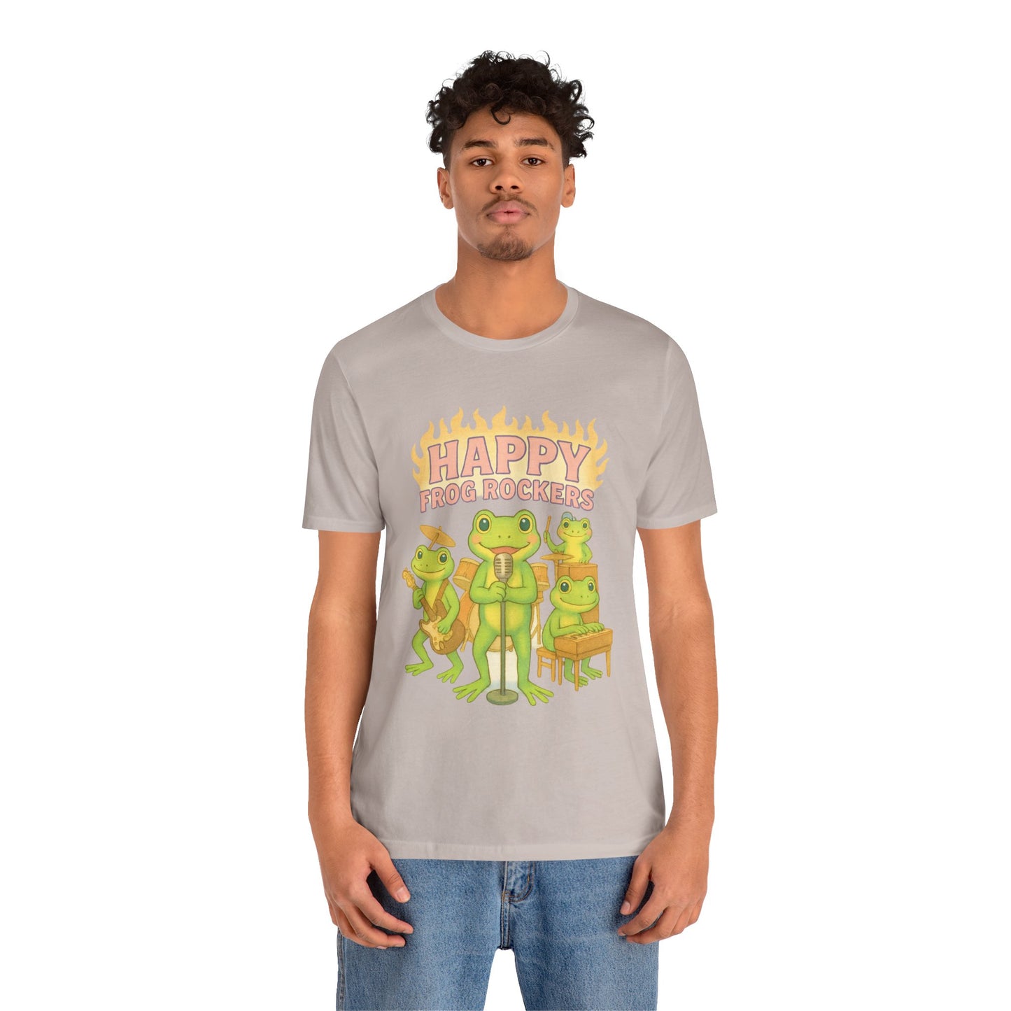 Happy Frog Rockers Album Cover Tee Cute Frog Band Shirt Vocal Guitar Piano Drums Pastel Art Gift for Music Lovers