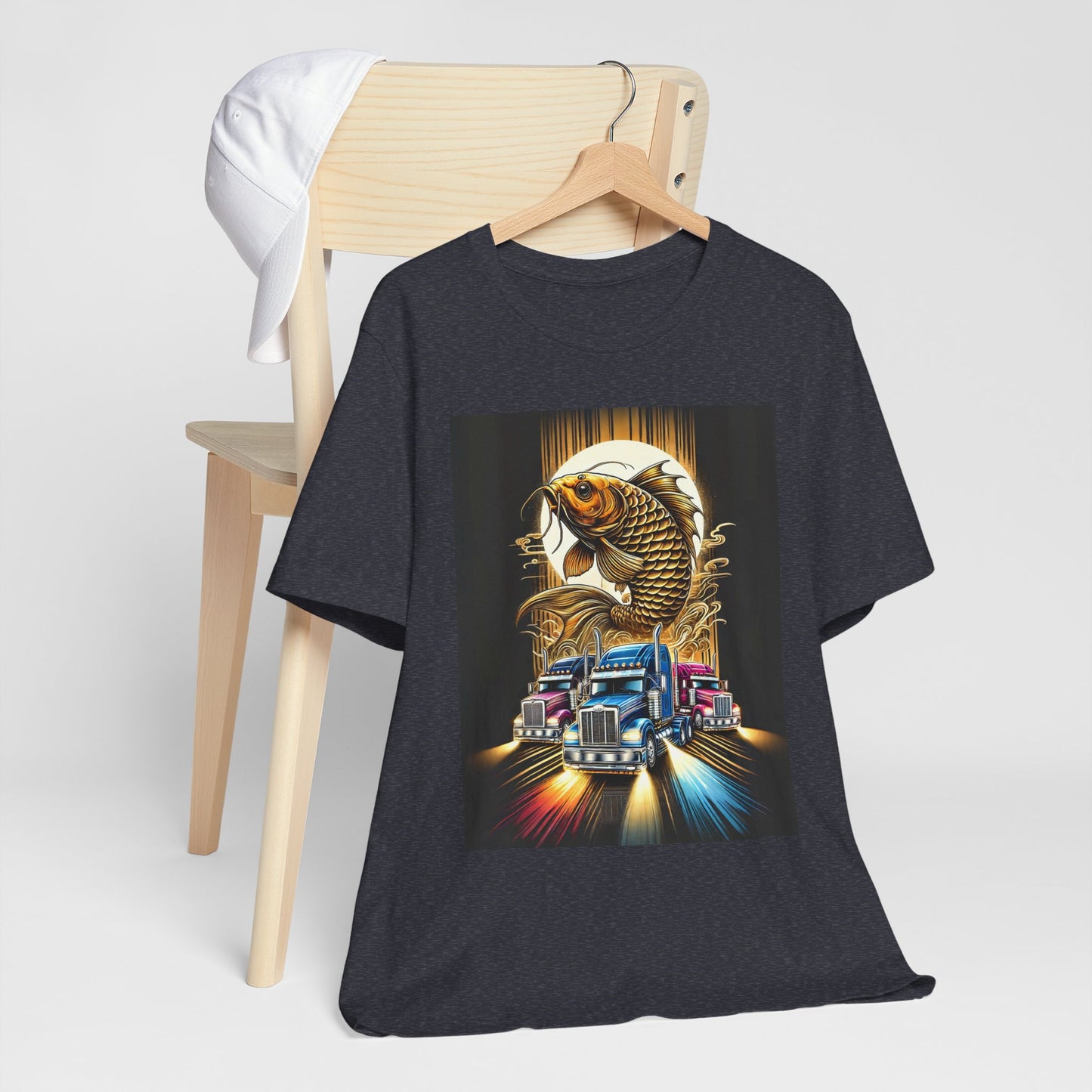 Bold Koi & Truck Fusion T-Shirt | Japanese Golden Carp AND Convoy Art Tee | Vibrant Streetwear for Truckers AND Tattoo Fans No.2