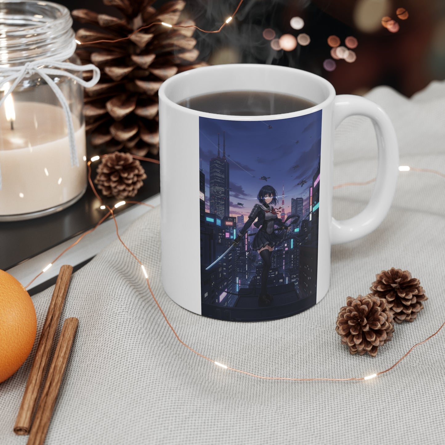 Cyber Ninja Girl Mug Tokyo Skyline Anime Coffee Cup Futuristic Samurai Sword Otaku Gift for Daughter or Dad Gaming Desk Decor
