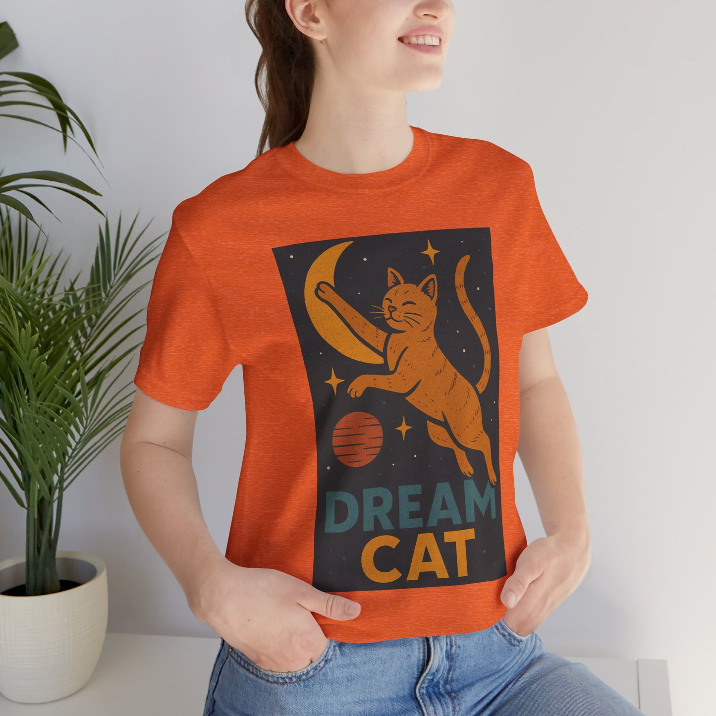 Dream Cat Shirt Retro Space Kitty Tee Moon and Stars Poster Style Japan Inspired Vintage Graphic Gift for Cat Lovers and Dad
