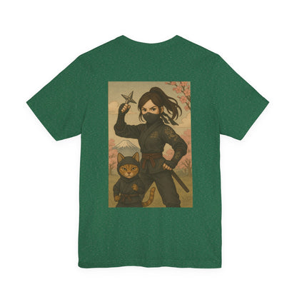 Ninja and Cat T-Shirt - Female Ninja in Black Outfit with Shuriken-Japanese Samurai Style, Mount Fuji, Cherry Blossoms-Cool Unisex Anime Tee
