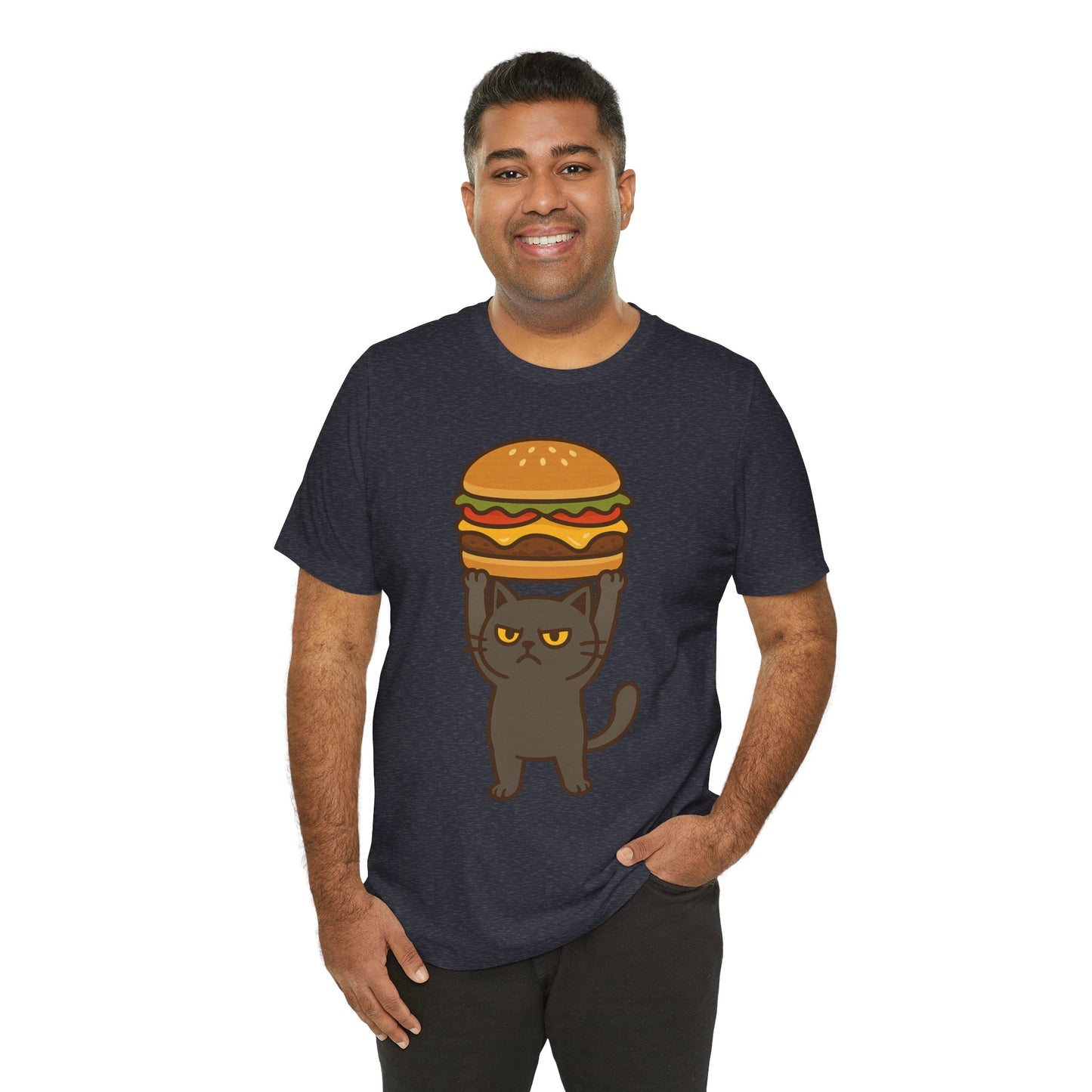 "Hanba-nyaa~" Cute Japanese Cat T-Shirt – Funny Burger & Cat Design – Kawaii Style Unisex Tee – Gift for Food & Cat Lovers