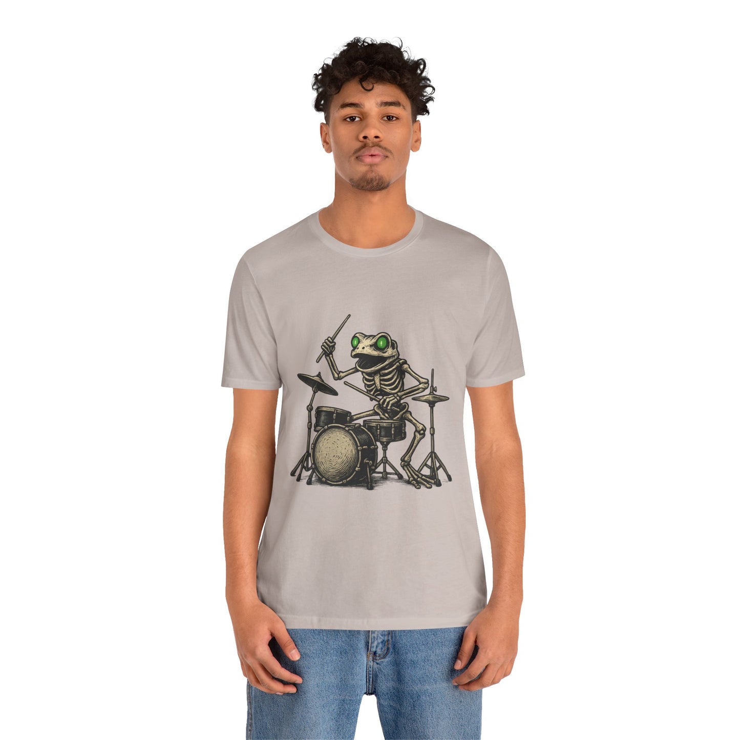 Skeleton Frog Drummer Shirt with Glowing Green Eyes Rock Band Art Tee for Musicians Frog Lovers Halloween and Concert Wear