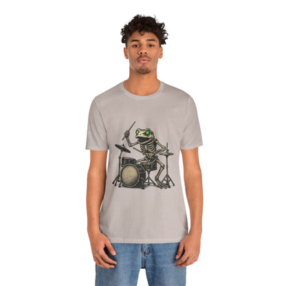 Skeleton Frog Drummer Shirt with Glowing Green Eyes Rock Band Art Tee for Musicians Frog Lovers Halloween and Concert Wear