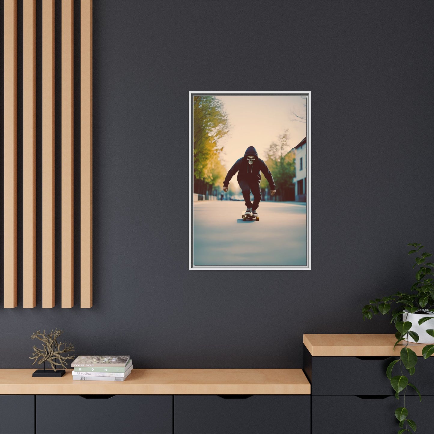 Skull Hoodie Skater Canvas Print Urban Street Art Skateboard Wall Decor Dawn Ride Gift for Dad Teen Room Gothic Vibe