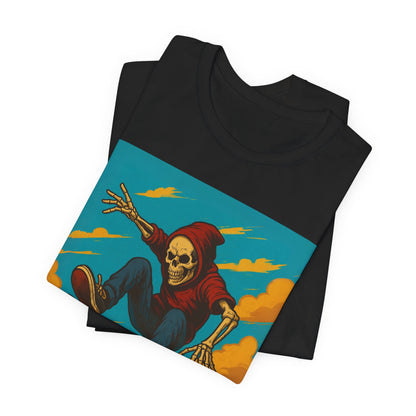 Skater Skeleton Hoodie Graphic Tee - Bold Comic Art Shirt for Men and Women - Colorful Streetwear T-Shirt for Skull and Skate Lovers