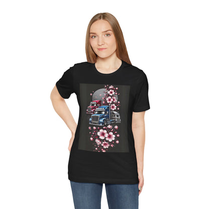 Cherry Blossom Convoy T-Shirt | Japanese Sakura x Modern Truck Art | Unique Graphic Tee for Drivers & Streetwear Lovers No.005
