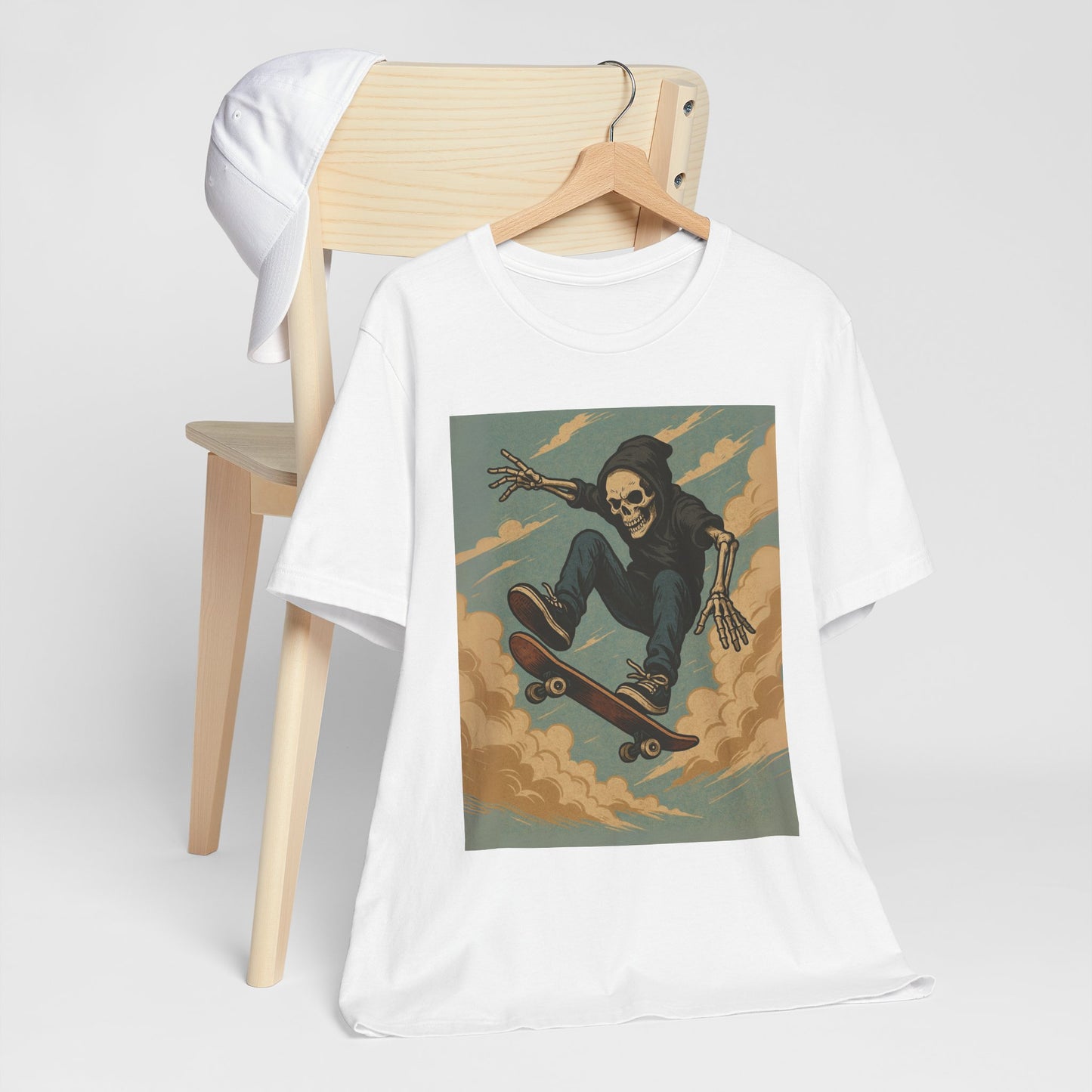 Skater Skeleton Hoodie Graphic Tee - Bold Comic Art Shirt for Men and Women - Colorful Streetwear T-Shirt for Skull and Skate Lovers