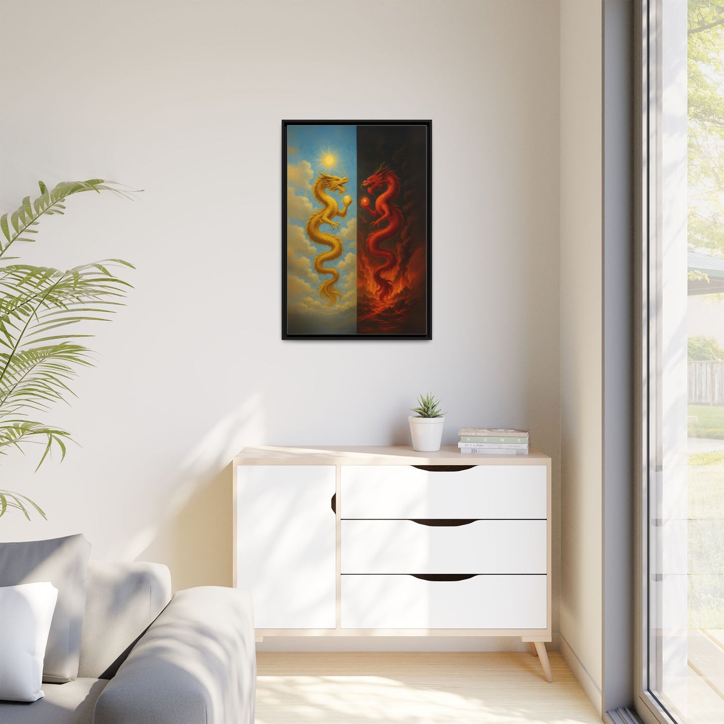 Heaven and Hell Twin Dragons Canvas Feng Shui Wall Art Gold and Red Dragon Pearls Sun and Fire Yin Yang Good Luck Decor Gift for Dad