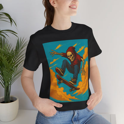 Skater Skeleton Hoodie Graphic Tee - Bold Comic Art Shirt for Men and Women - Colorful Streetwear T-Shirt for Skull and Skate Lovers