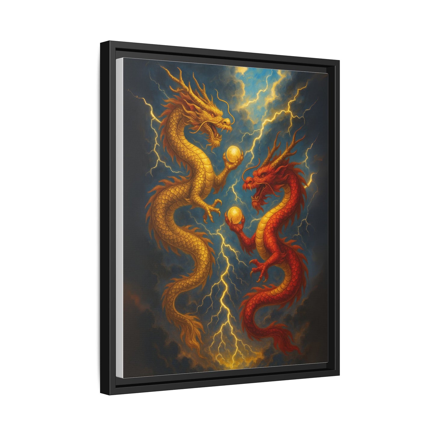 Golden and Red Twin Dragons Canvas Feng Shui Wall Art Lightning Storm Dragon Pearl Good Luck Decor Gift for Dad Living Room