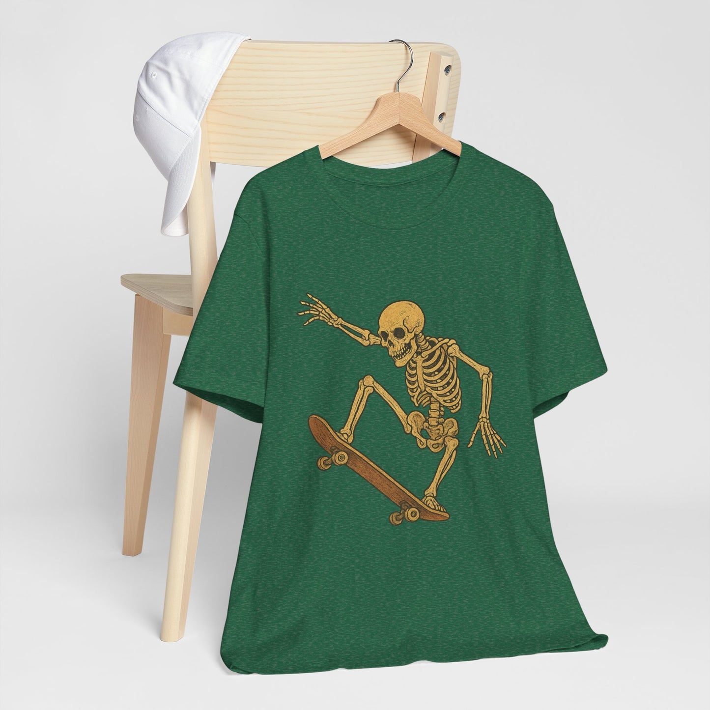 Skater Skeleton Graphic Tee for Adults - Vintage-Style Skeleton Skateboarding Shirt - Edgy Streetwear T-Shirt for Skaters and Art Lovers