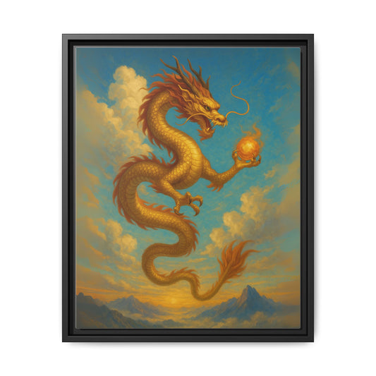 Golden Dragon Canvas Feng Shui Wall Art Asian Myth Painting Sky Cloud Mountain Good Luck Decor Gift for Dad Living Room Office