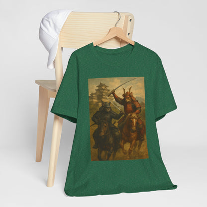 Epic Cat Samurai Battle Tee - War Horses Clash in Front of Japanese Castle  Feline Warrior Art Shirt for Fantasy & Japan Lovers