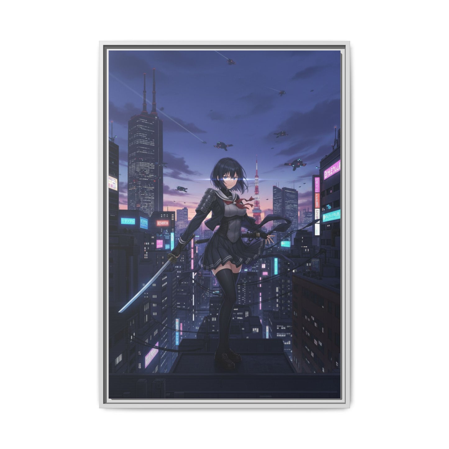 Cyber Ninja Girl Canvas Tokyo Skyline Anime Wall Art Futuristic Night City Samurai Sword Gift for Daughter or Dad Gaming Room Decor