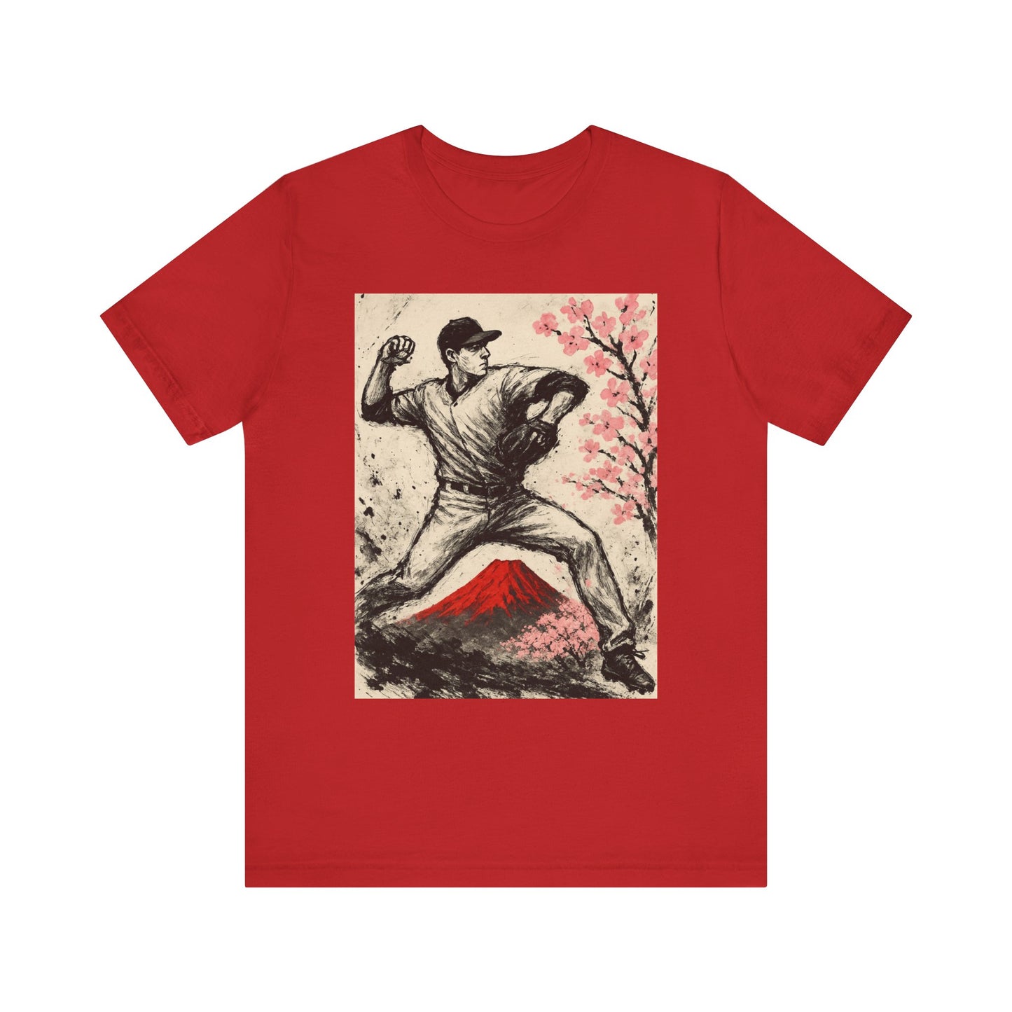 Pro Baseball Pitcher Sumi Ink Art Shirt Fuji Sakura Retro Japanese Print Windup Fastball Tee Japan Inspired Sports Art Gift for Dad