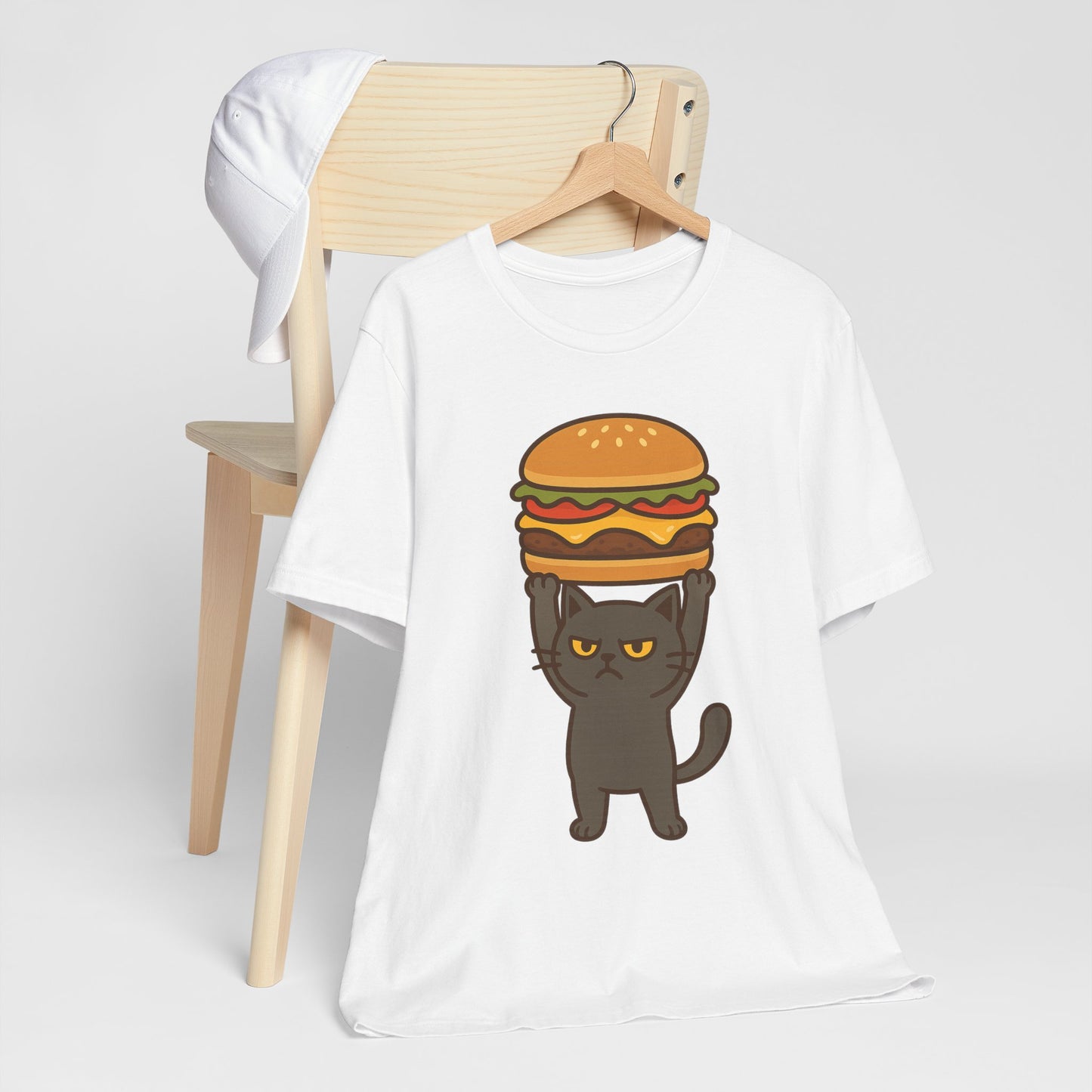 "Hanba-nyaa~" Cute Japanese Cat T-Shirt – Funny Burger & Cat Design – Kawaii Style Unisex Tee – Gift for Food & Cat Lovers