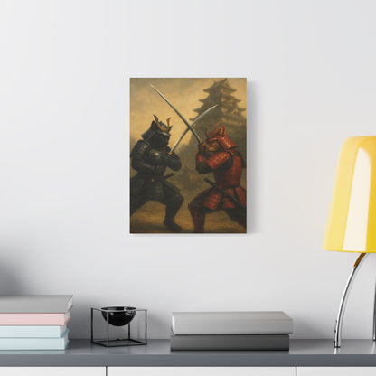 Samurai Cat Duel Canvas Japanese Castle Warrior Cats Wall Art Sengoku Era Painting Japan Inspired Gift for Cat Lovers and Dad