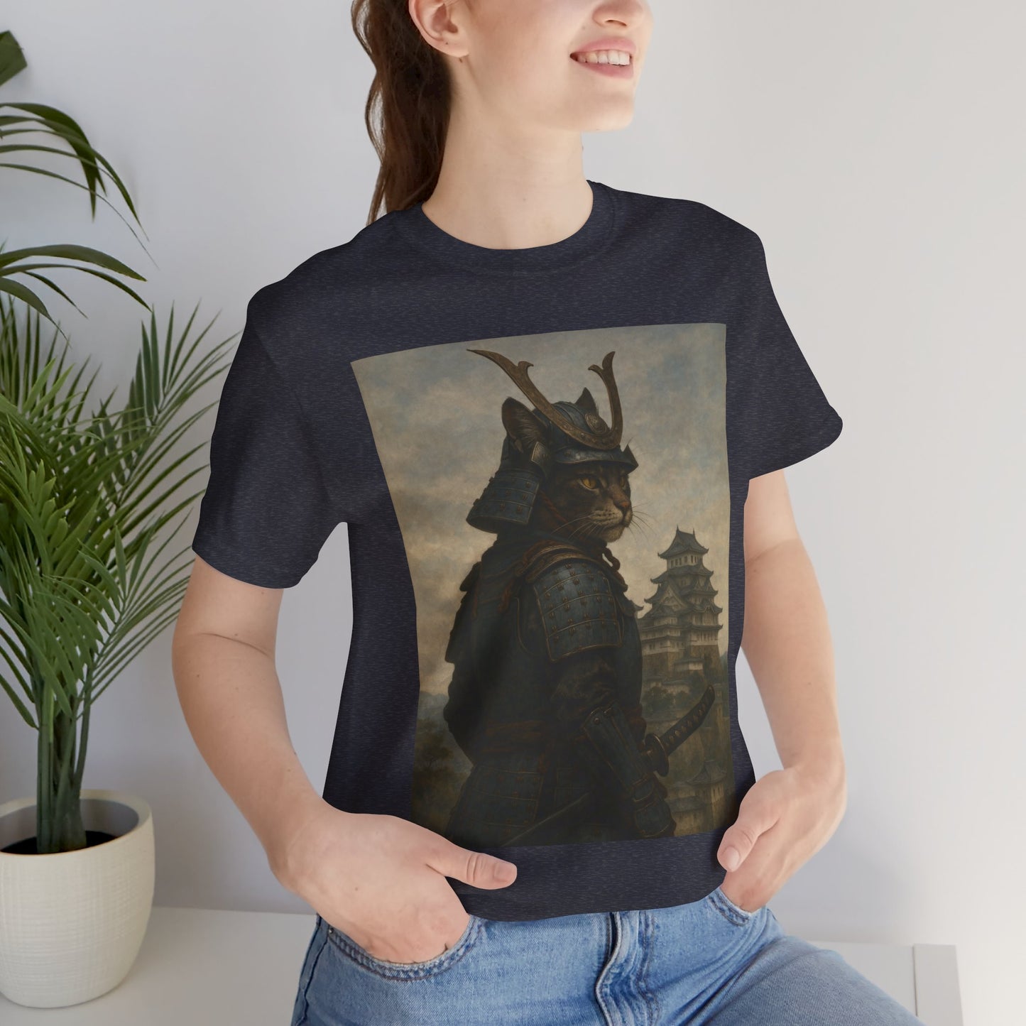 Cat Samurai Vigil Tee | Armored Feline Warrior w/ Castle Backdrop | Japanese Art Unisex Shirt