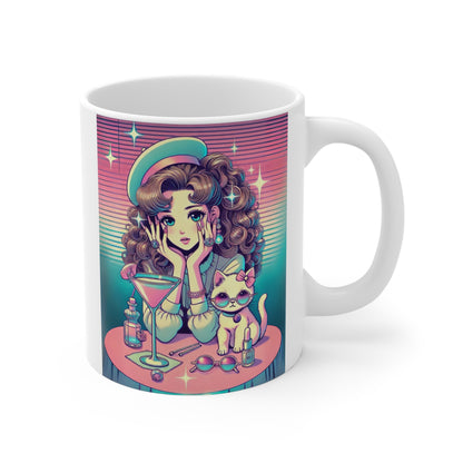 Retro Girl and Cat Mug Vaporwave Pastel Anime Shoujo Style Coffee Cup Cocktail Lounge Aesthetic Cute Kawaii Gift for Daughter or Dad