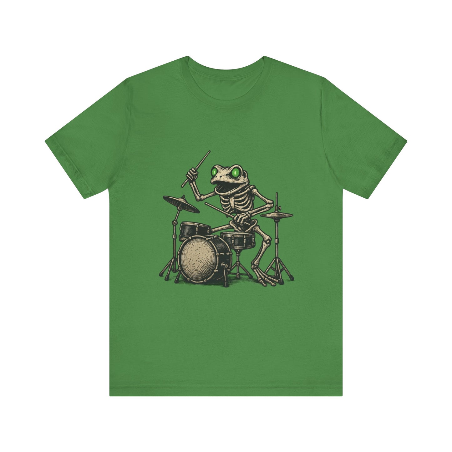 Skeleton Frog Drummer Shirt with Glowing Green Eyes Rock Band Art Tee for Musicians Frog Lovers Halloween and Concert Wear