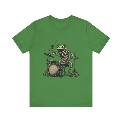 Skeleton Frog Drummer Shirt with Glowing Green Eyes Rock Band Art Tee for Musicians Frog Lovers Halloween and Concert Wear