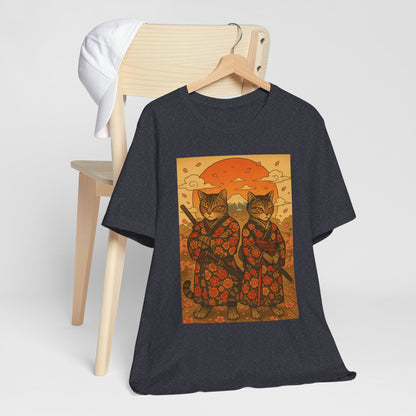 Samurai Cat T-Shirt - Floral Kimono Warrior with Katana | Japanese Ukiyo-e Style, Cherry Blossoms & Mount Fuji | Bold Cat Art Tee