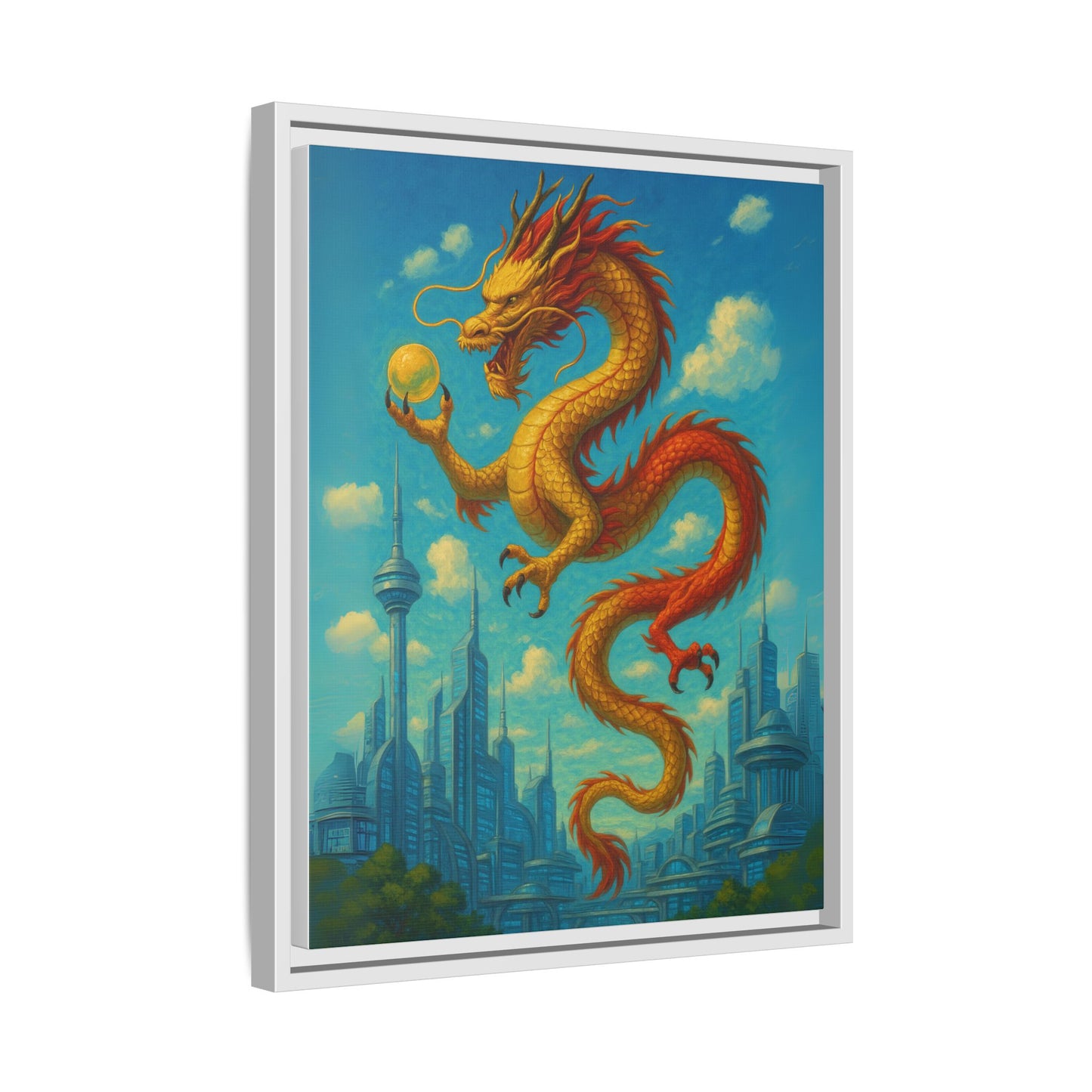 Neo Tokyo Golden Dragon Canvas Wall Art Japan Inspired Skyline Painting Feng Shui Good Luck Decor Dragon Pearl Gift for Dad