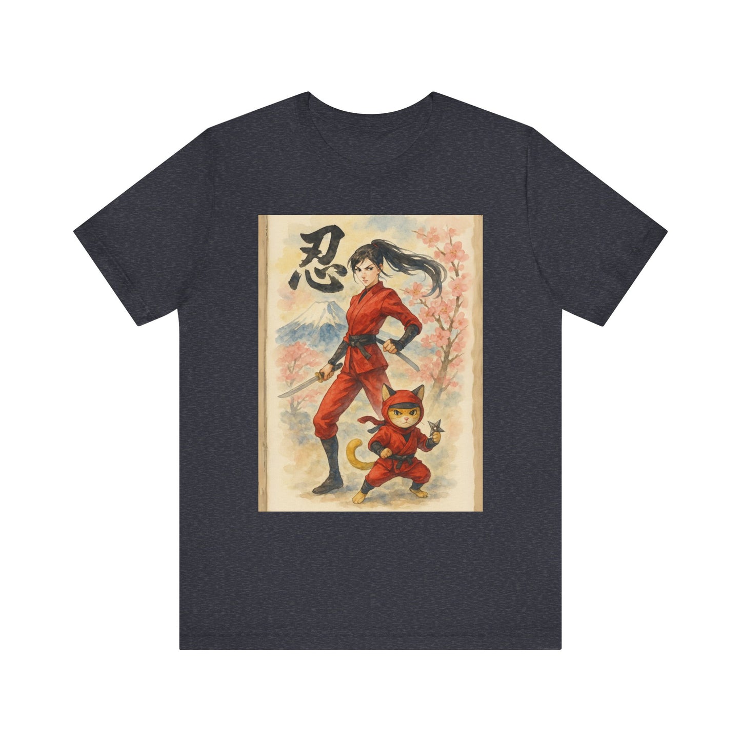 Ninja and Cat Watercolor T-Shirt - Female Ninja in Red Outfit with Katana-Kanji Art, Mount Fuji, Cherry Blossoms - Cool Unise x Japanese Tee