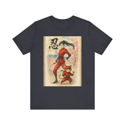 Ninja and Cat Watercolor T-Shirt - Female Ninja in Red Outfit with Katana-Kanji Art, Mount Fuji, Cherry Blossoms - Cool Unise x Japanese Tee