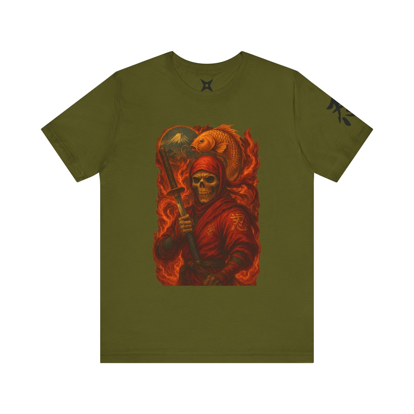 Dark Red Ninja Skull T-Shirt -Japanese Horror Art, Skeleton Ninja with Golden Koi, High-Detail Gothic Warrior Tee, Unisex Streetwear