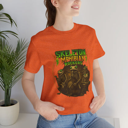 Skeleton Amphibian Rockers Album Cover Tee - Green Eyed Skeleton Frog Band Vocal Guitar Piano Drums Rock Art Shirt