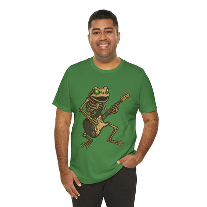 Skeleton Frog Shredding Electric Guitar Tee - Glowing Green Eyes Rock Art Shirt for Musicians Frog Lovers and Gothic Punk Style