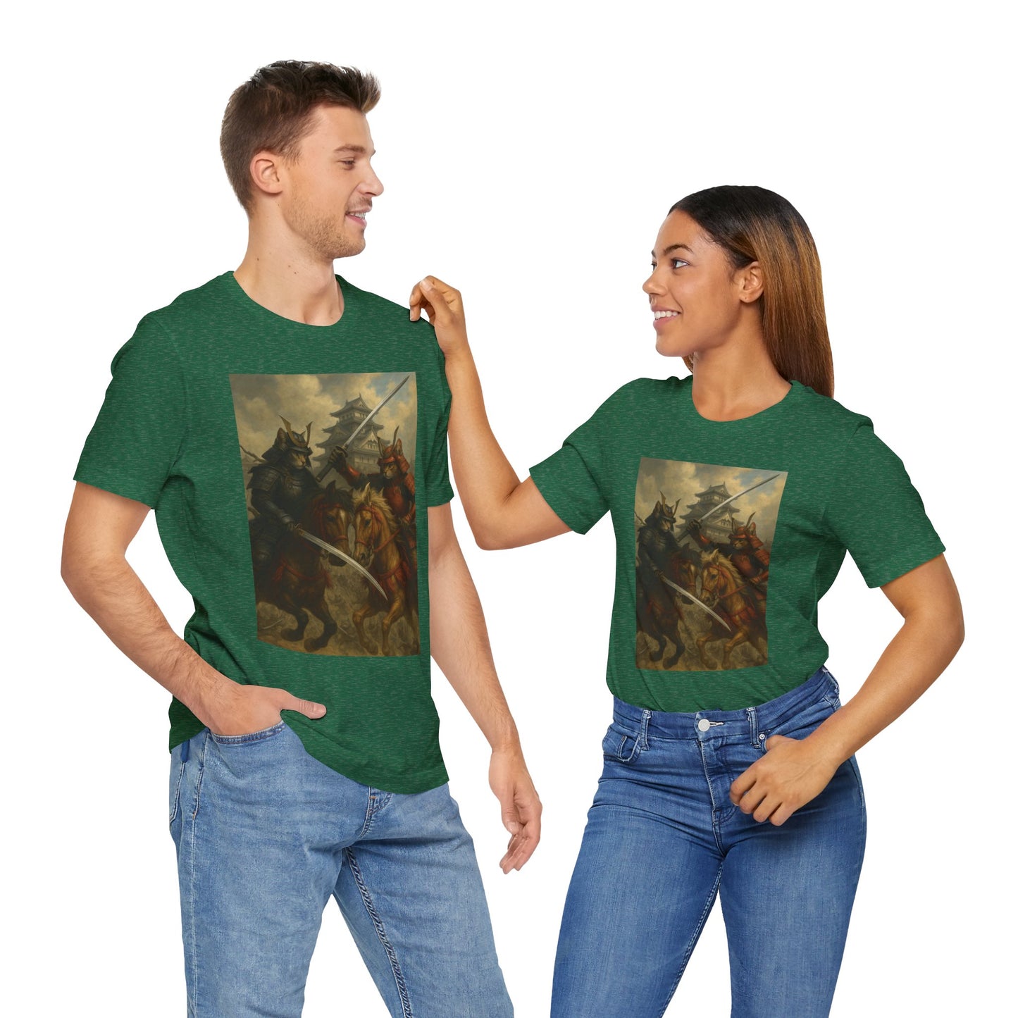 Epic Cat Samurai Battle Tee - War Horses Clash in Front of Japanese Castle  Feline Warrior Art Shirt for Fantasy & Japan Lovers