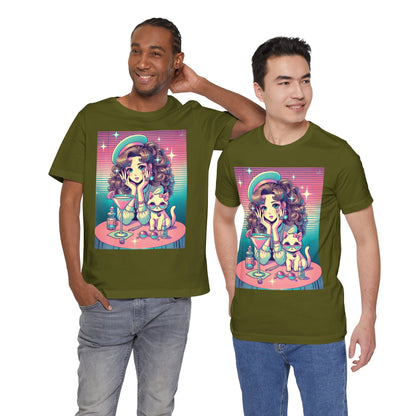 Retro Girl and Cat Graphic Tee Vaporwave Pastel Aesthetic Cocktail Lounge 80s Inspired Shoujo Style T Shirt Gift for Daughter or Dad