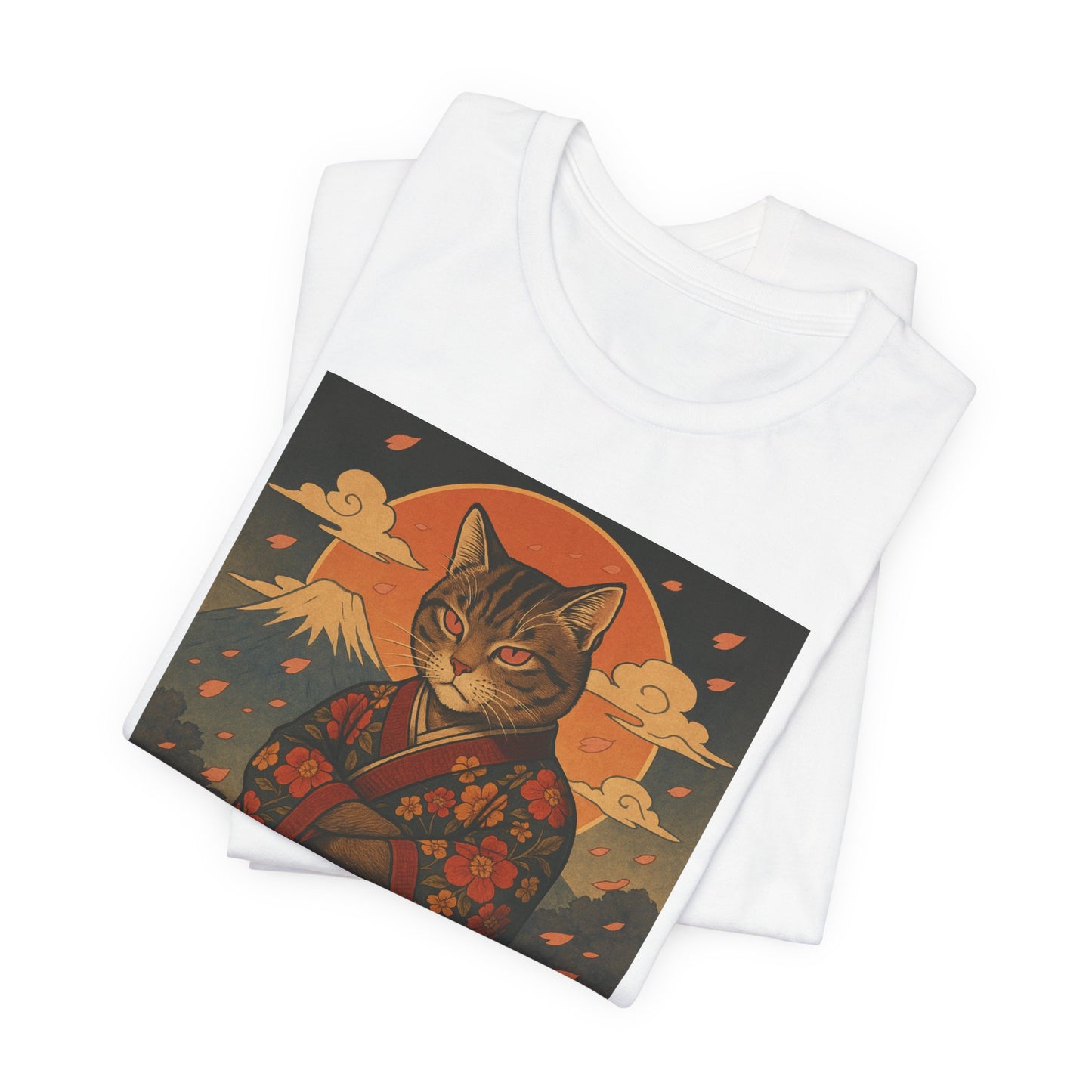 Samurai Cat T-Shirt - Floral Kimono Warrior with Katana | Japanese Ukiyo-e Style, Cherry Blossoms & Mount Fuji | Bold Cat Art Tee