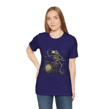 Skeleton Frog Drummer Shirt with Glowing Green Eyes Rock Band Art Tee for Musicians Frog Lovers Halloween and Concert Wear