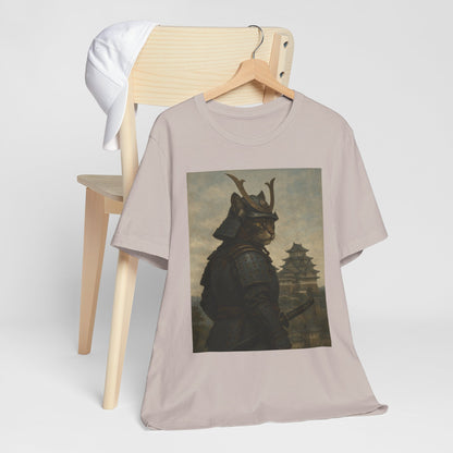 Cat Samurai Vigil Tee | Armored Feline Warrior w/ Castle Backdrop | Japanese Art Unisex Shirt
