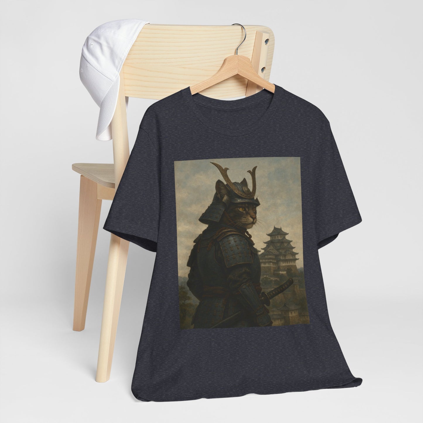 Cat Samurai Vigil Tee | Armored Feline Warrior w/ Castle Backdrop | Japanese Art Unisex Shirt