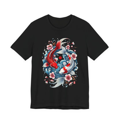 Koi Fish Yin Yang T-Shirt - Japanese Tattoo Style Nishikigoi, Cherry Blossoms, Water Art, Lucky Fish, Unisex Graphic Tee
