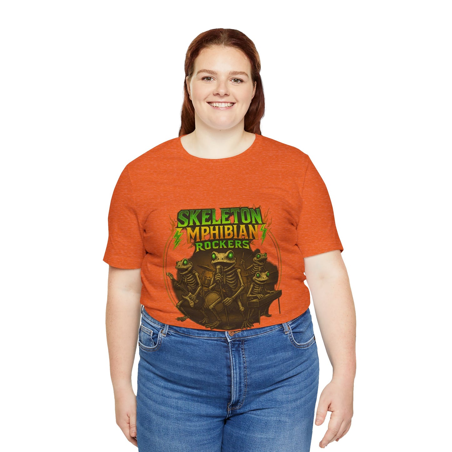 Skeleton Amphibian Rockers Album Cover Tee - Green Eyed Skeleton Frog Band Vocal Guitar Piano Drums Rock Art Shirt