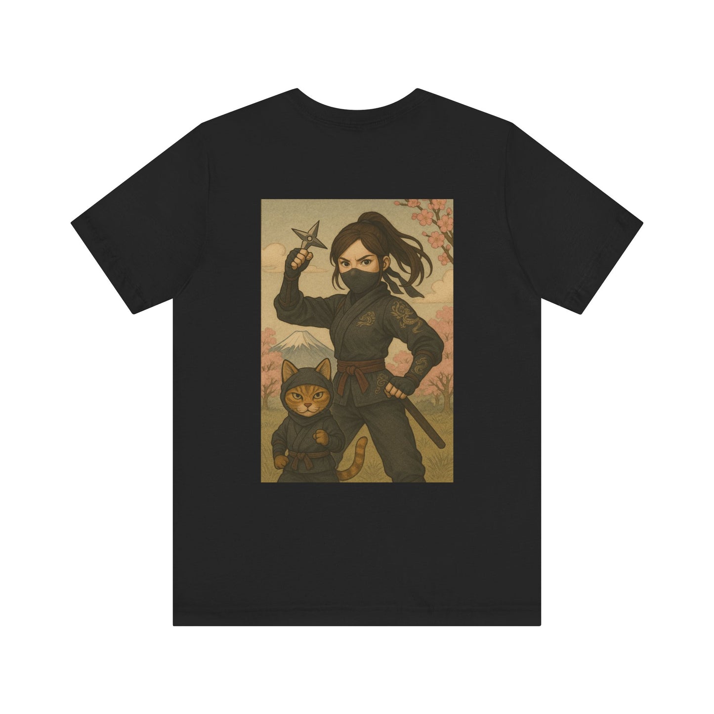 Ninja and Cat T-Shirt - Female Ninja in Black Outfit with Shuriken-Japanese Samurai Style, Mount Fuji, Cherry Blossoms-Cool Unisex Anime Tee
