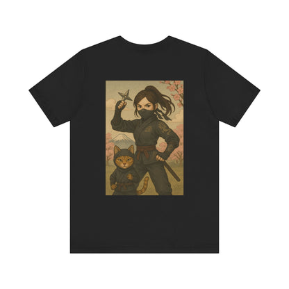Ninja and Cat T-Shirt - Female Ninja in Black Outfit with Shuriken-Japanese Samurai Style, Mount Fuji, Cherry Blossoms-Cool Unisex Anime Tee