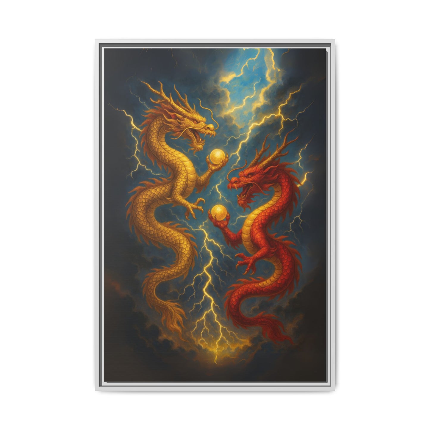Golden and Red Twin Dragons Canvas Feng Shui Wall Art Lightning Storm Dragon Pearl Good Luck Decor Gift for Dad Living Room