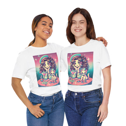 Retro Girl and Cat Graphic Tee Vaporwave Pastel Aesthetic Cocktail Lounge 80s Inspired Shoujo Style T Shirt Gift for Daughter or Dad