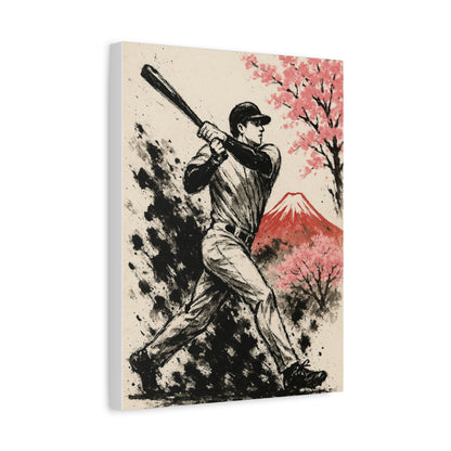 Baseball Batter Canvas Sumi Ink Art Fuji Sakura Japanese Print Power Swing Wall Decor Japan Inspired Sports Art Gift for Dad
